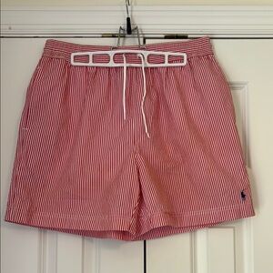 Ralph Lauren Red Striped Men’s Swim Shorts Nautical Seersucker Size L Navy Logo
